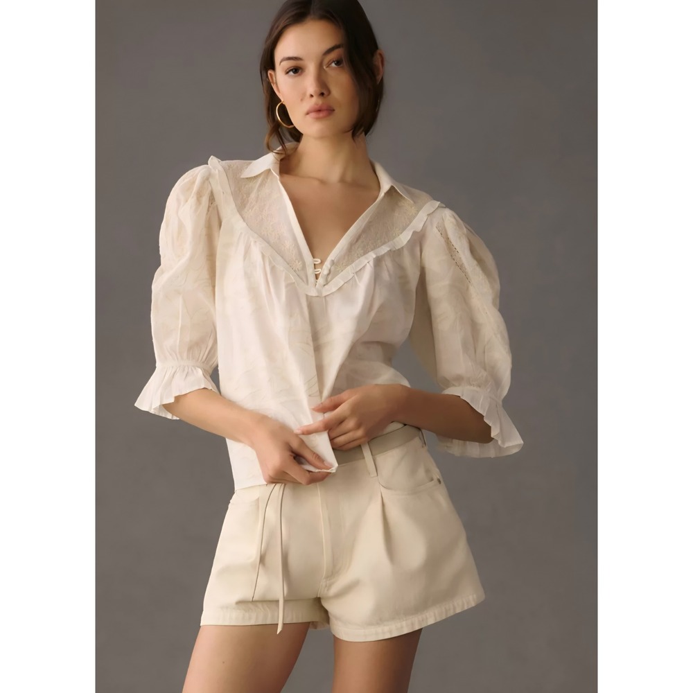 Anthro Heirloom Swing Embroidered Cream Cotton Blouse sz XS-S Babydoll Peasant